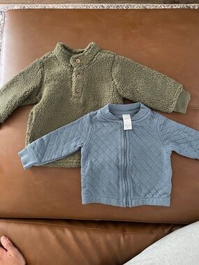 Carter's Olive Sherpa Pullover & Dusty Blue Quilted Zip Jacket Set
